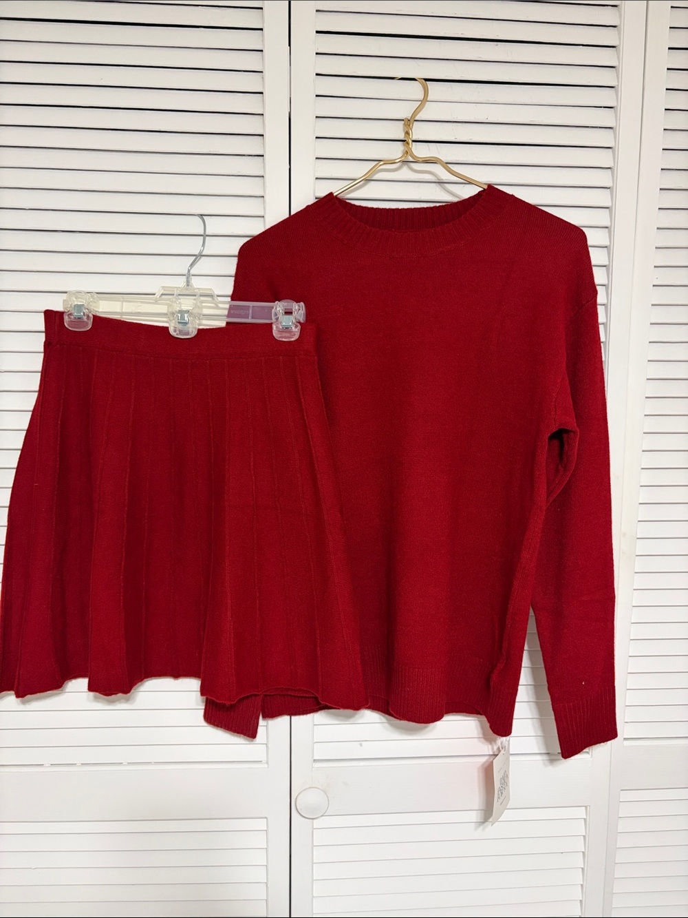 Classic Burgundy Knit Skirt Set with Sweater